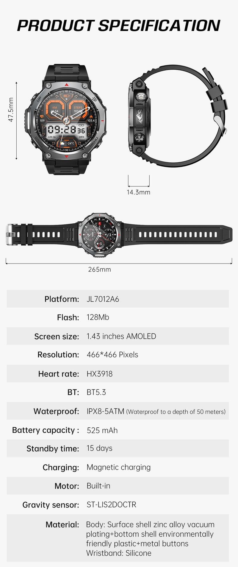 Smartwatch KT85 UV Detection Light Flashlight 525mAh Battery Long Battery Life Outdoor Sports