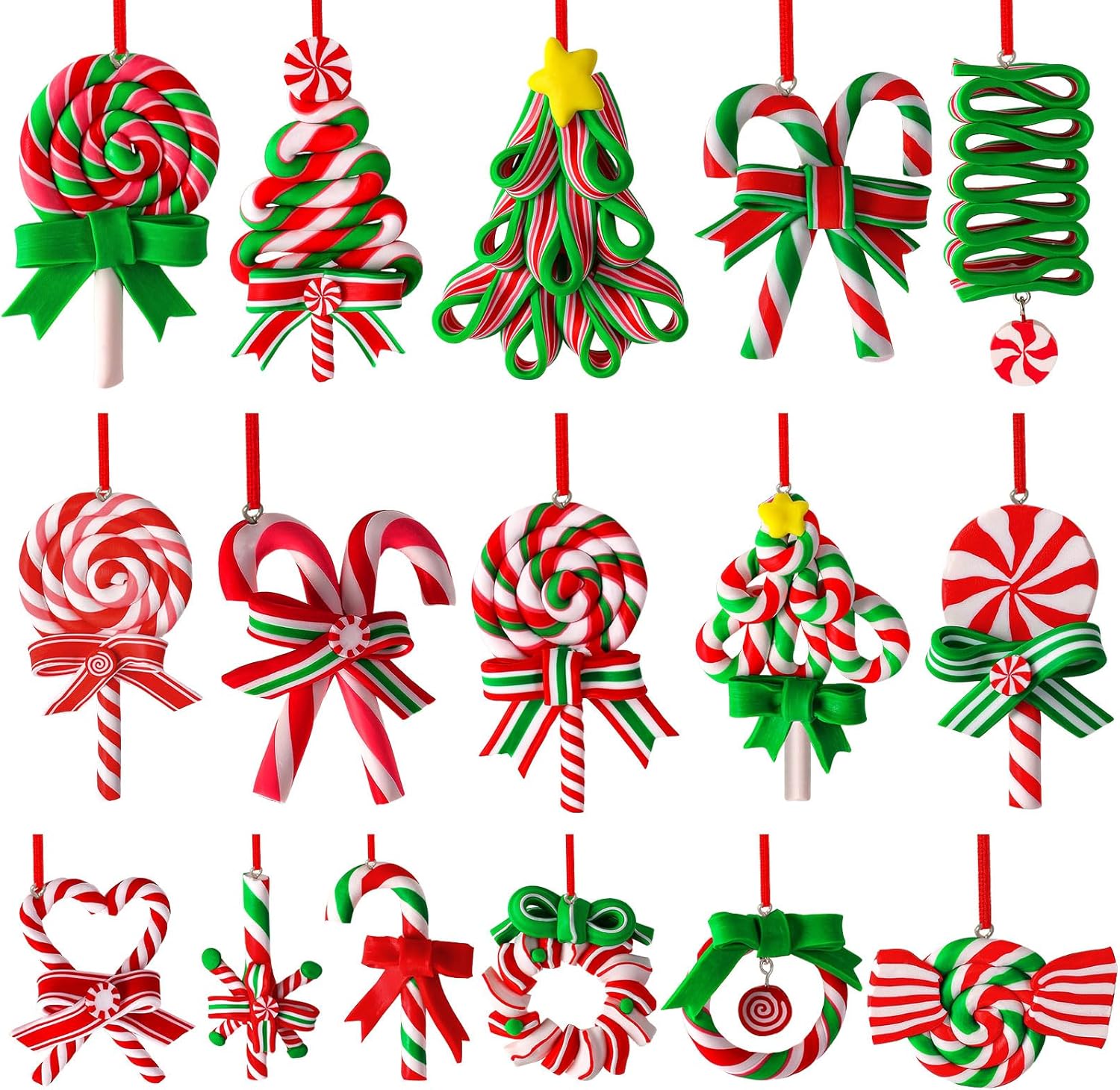 16Pcs Christmas Lollipop Ornaments, Colorful Mini Candy Cane Hanging Ornaments Polymer Clay Peppermint Pendants for Xmas Tree Party Home Decorations(Various colors) - Chronus