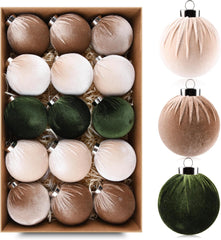 Christmas Tree Ornaments Velvet Balls - Pack of 15pcs Shatterproof Xmas Bulbs Decorations Set - Multicolor Green Brown Neutral, 80mm 3.15 inch - Chronus