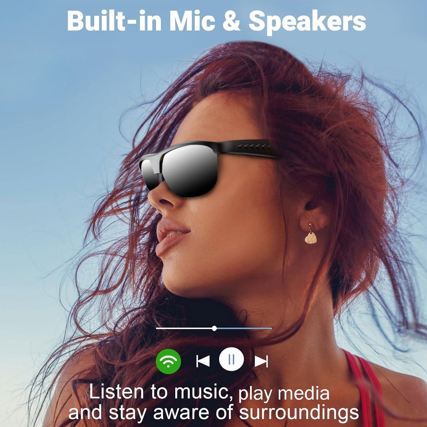 Chronus Smart Glasses, Polarized Bluetooth Sunglasses, Built-in Mic & Speakers, UV Protection Audio Sun Glass