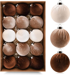 Brown Velvet Christmas Tree Ornaments - 15pcs Shatterproof Christmas Balls for Xmas Trees Decorations - Multicolor Brown Neutral Beige, 80mm 3.15inch - Chronus