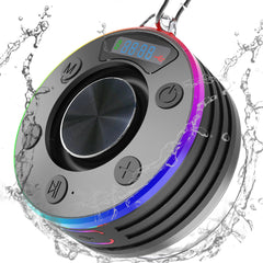 Bluetooth Shower Speaker with LED Display, IPX7 Waterproof, Suction Cup, 360° Stereo Pairing, 7-Hour Playtime, LED Light Show