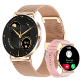 Two smartwatches with rose gold and pink bands on a white background