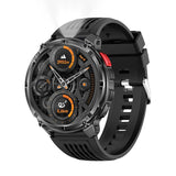 Black smartwatch with a detailed display on a white background