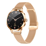 Rose gold watch with black face on a white background