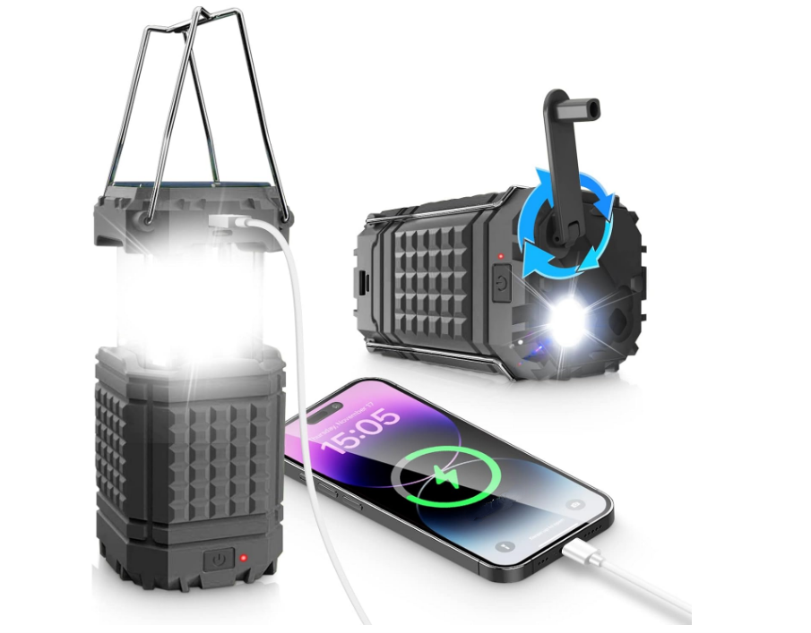 5000mAh Solar Camping Lantern, Rechargeable with Hand Crank LED Flashlight, Telescopic (Black) - Chronus