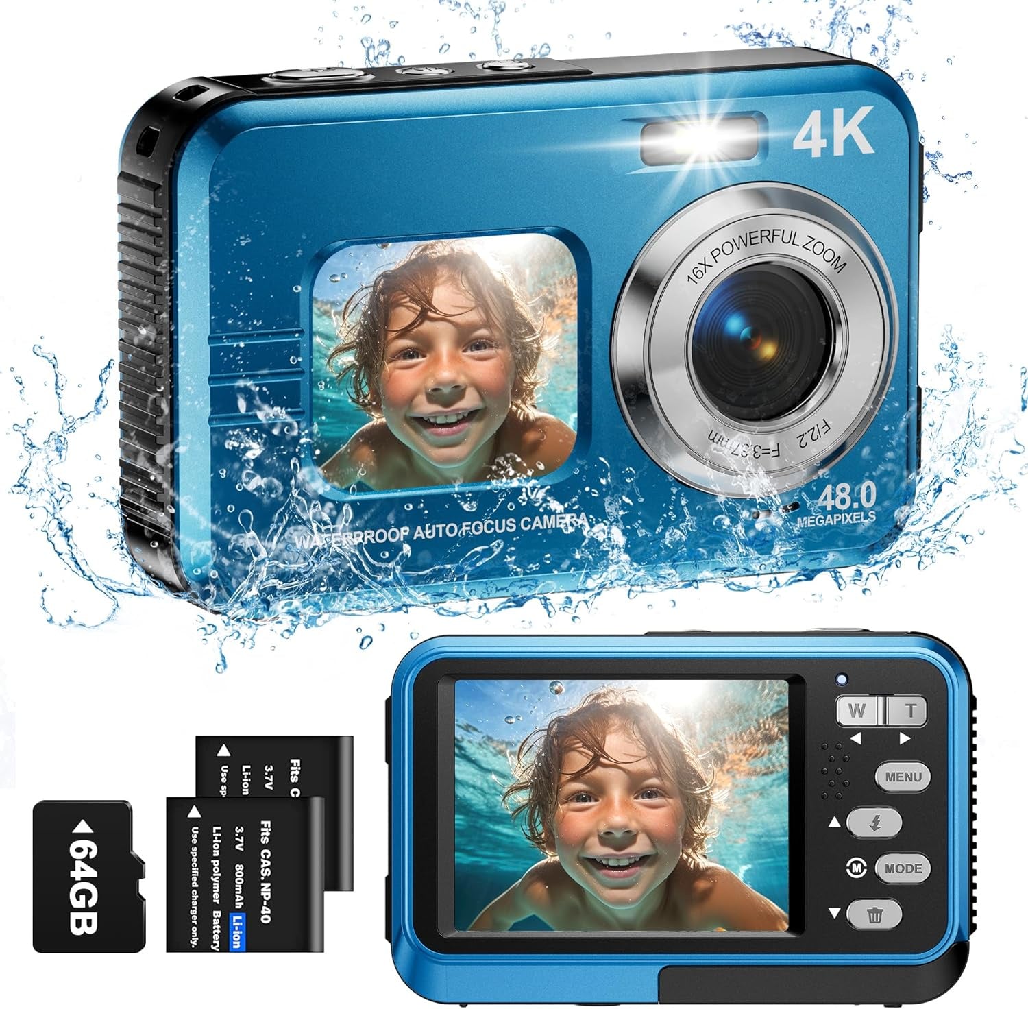 Underwater Camera, 4K Waterproof Camera, 48MP Autofocus Selfie Dual Screens, 11FT Waterproof Camera for Snorkeling, Compact Portable Digital Camera, 2 Batteries - Chronus