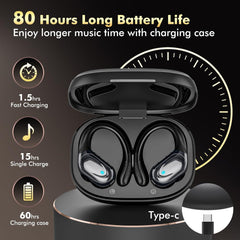 Wireless Earbuds Bluetooth Headphones 80hrs Playback Ear Buds Power Display with Noise Canceling Mic with Ear Hooks for Sports/Workout/Running - Chronus