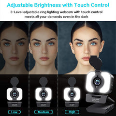 1080P Webcam, Ring Light, Microphone, Privacy Cover, Tripod (Black) - Chronus