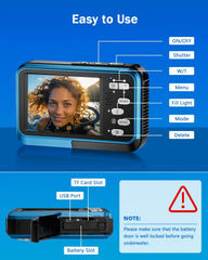 Underwater Camera, 4K Waterproof Camera, 48MP Autofocus Selfie Dual Screens, 11FT Waterproof Camera for Snorkeling, Compact Portable Digital Camera, 2 Batteries - Chronus