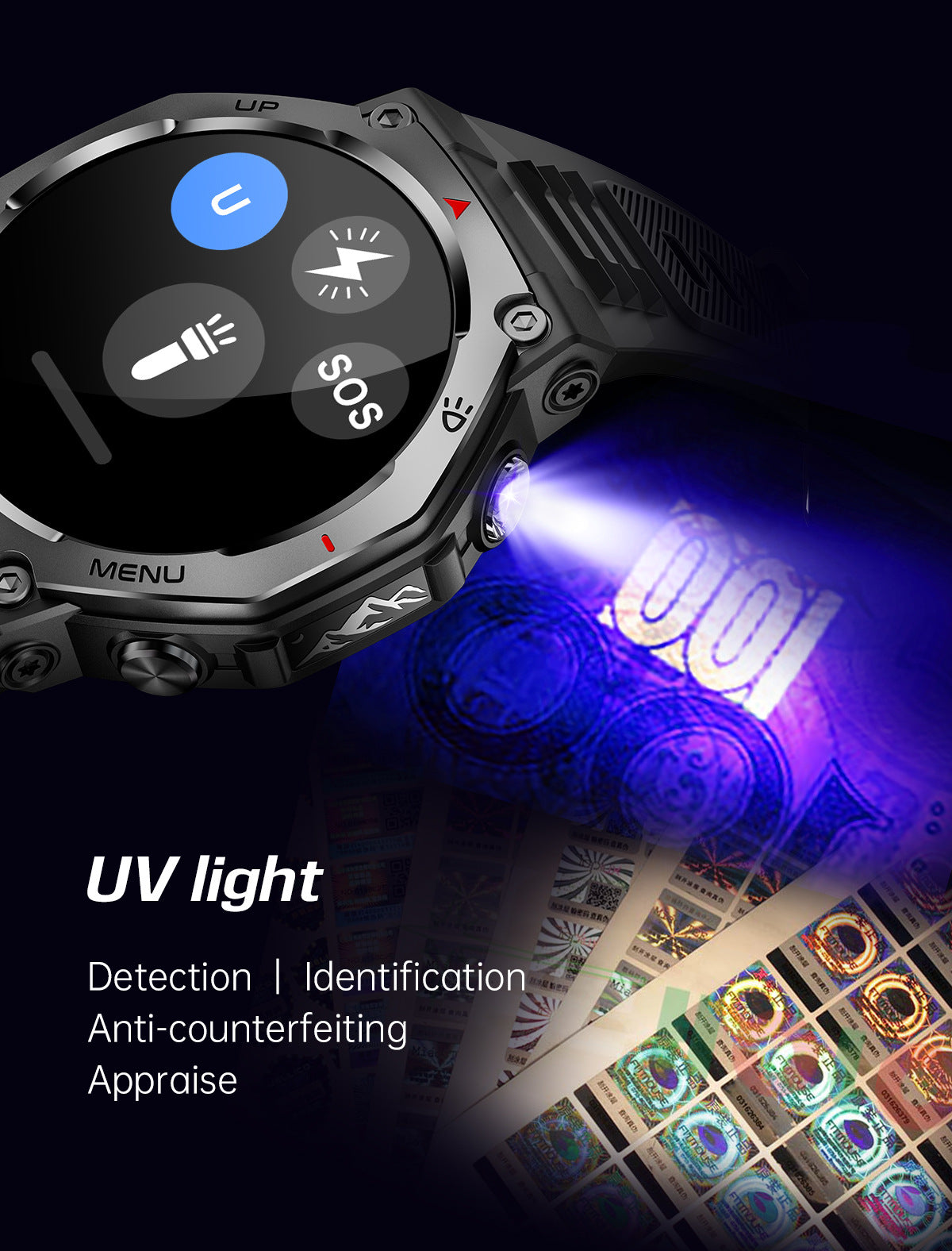 Smartwatch KT85 UV Detection Light Flashlight 525mAh Battery Long Battery Life Outdoor Sports