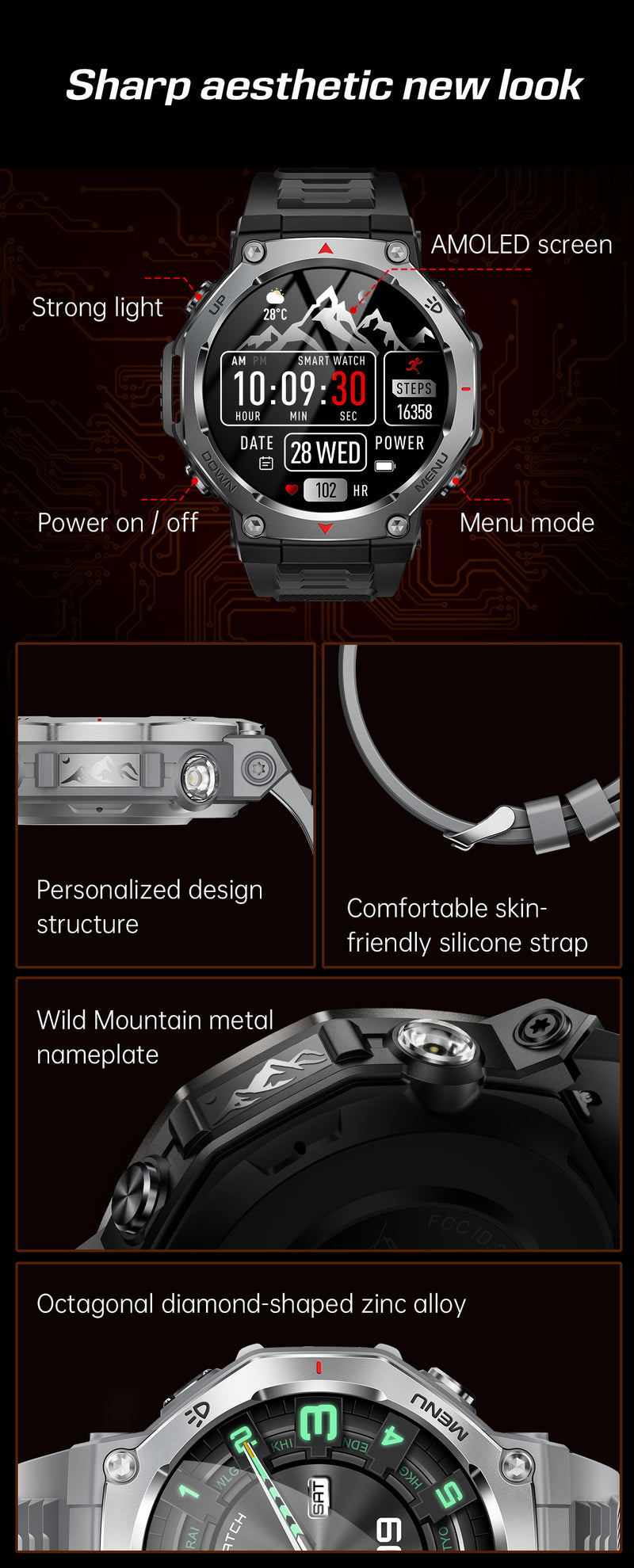 Smartwatch KT85 UV Detection Light Flashlight 525mAh Battery Long Battery Life Outdoor Sports