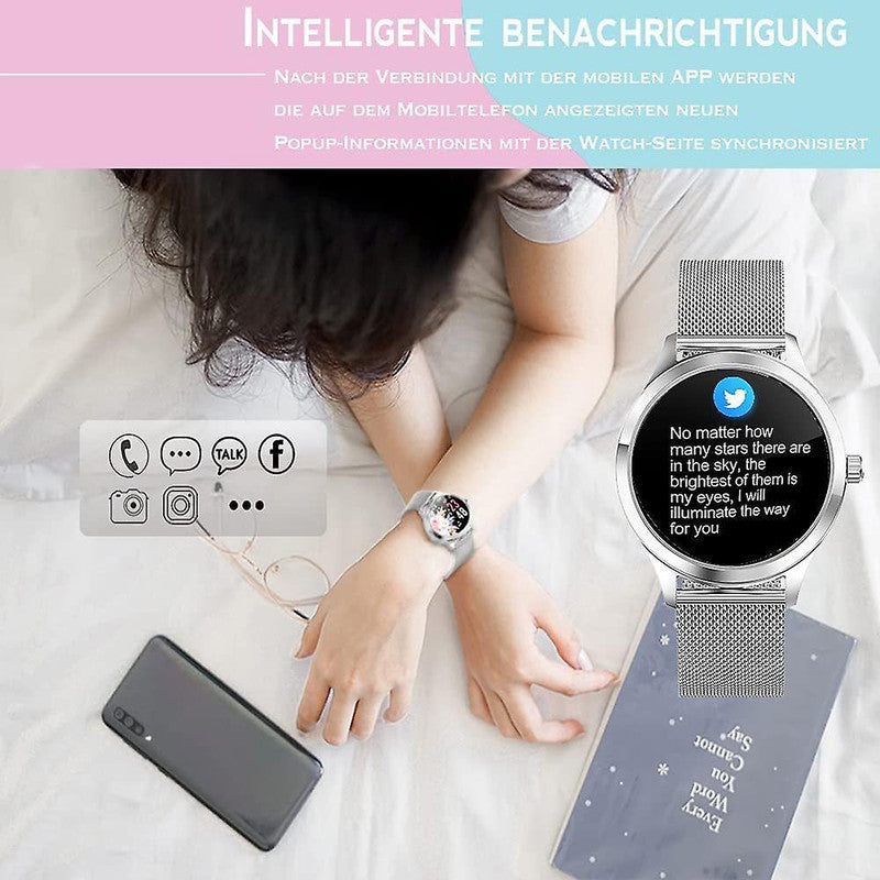 Smart Watch Ladies, IP68 Waterproof Fitness Tracker Smart Watch Ladies, with Female Cycle Management Heart Rate Monitor Blood Pressure Monitor Sleep Monitor Ladies WristWatch for Android iOS (Silver)