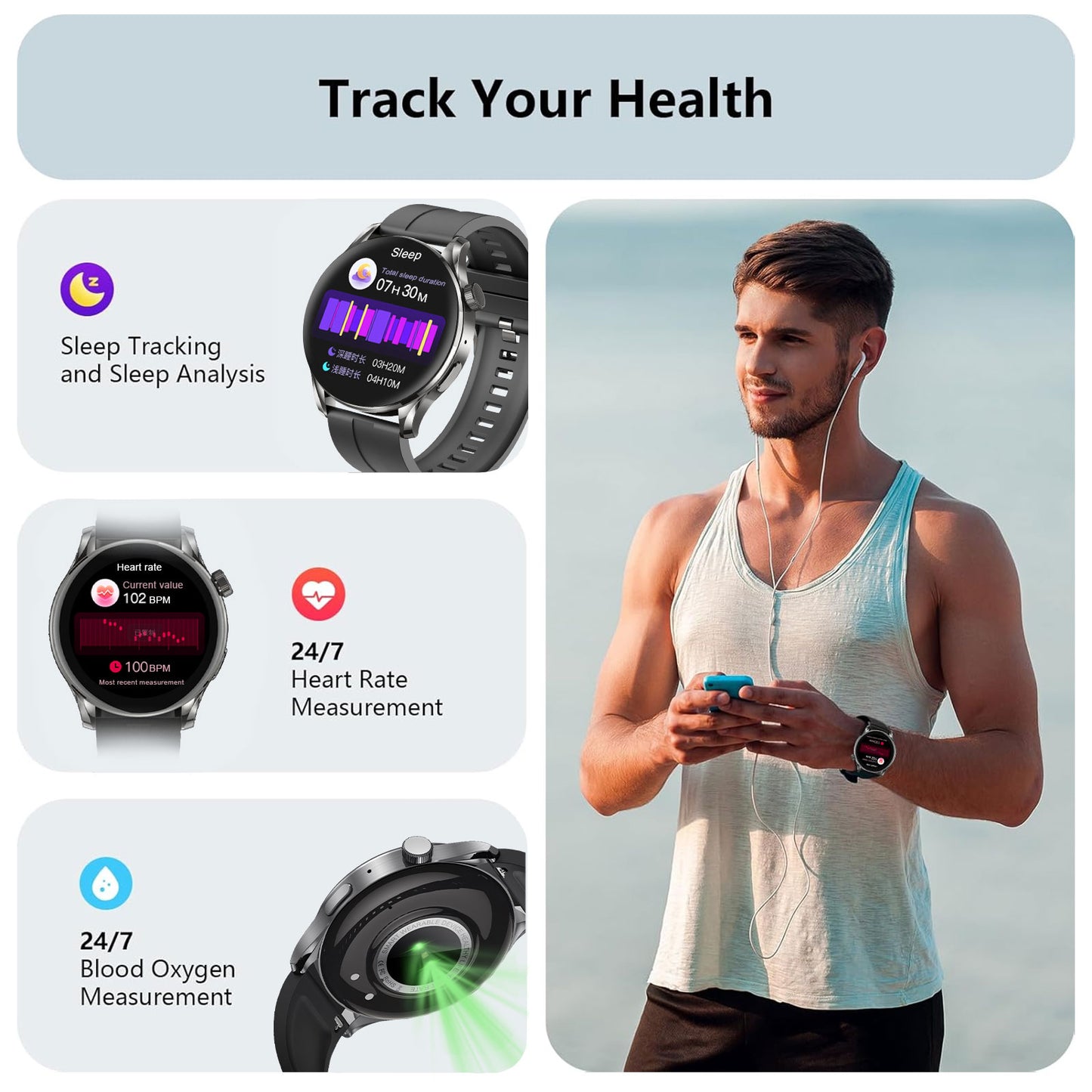 Chronus 1.32-Inch AI Smart Health Watch, real-time translation, AI Q&A, blood oxygen monitoring, IP68 waterproof