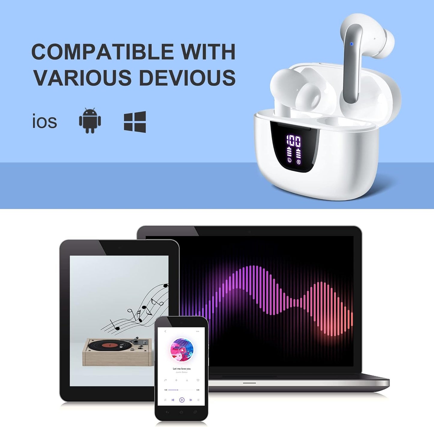 Wireless Earbuds 76Hrs Playtime Ear Buds with LED Power Display Charging Case Stereo Waterproof Sports Headset with Mic for Phone Laptop