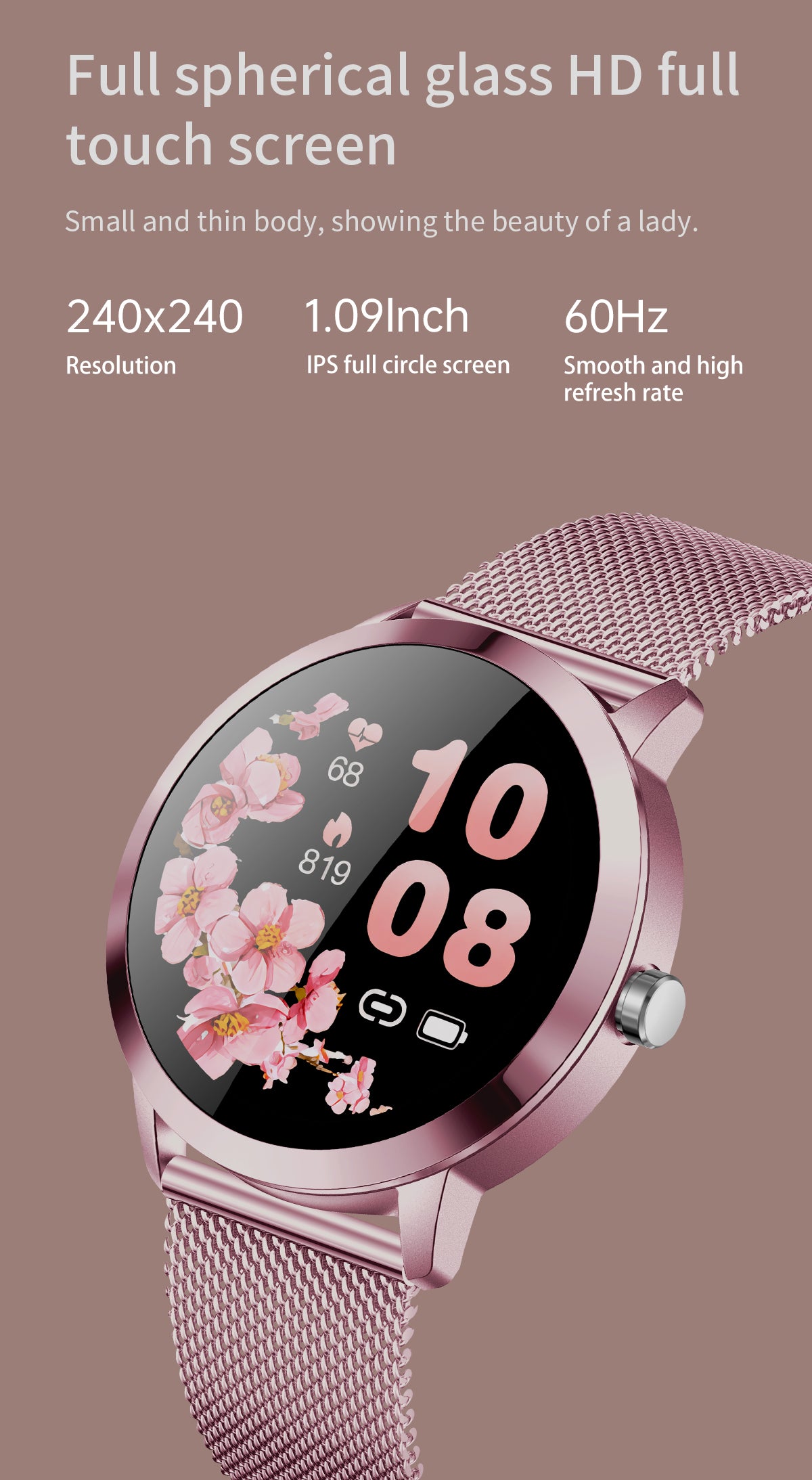 Smartwatch 1,19" HD AMOLED Touchscreen Full 29 Sport modes GPS Waterproof for Android iOS Pink