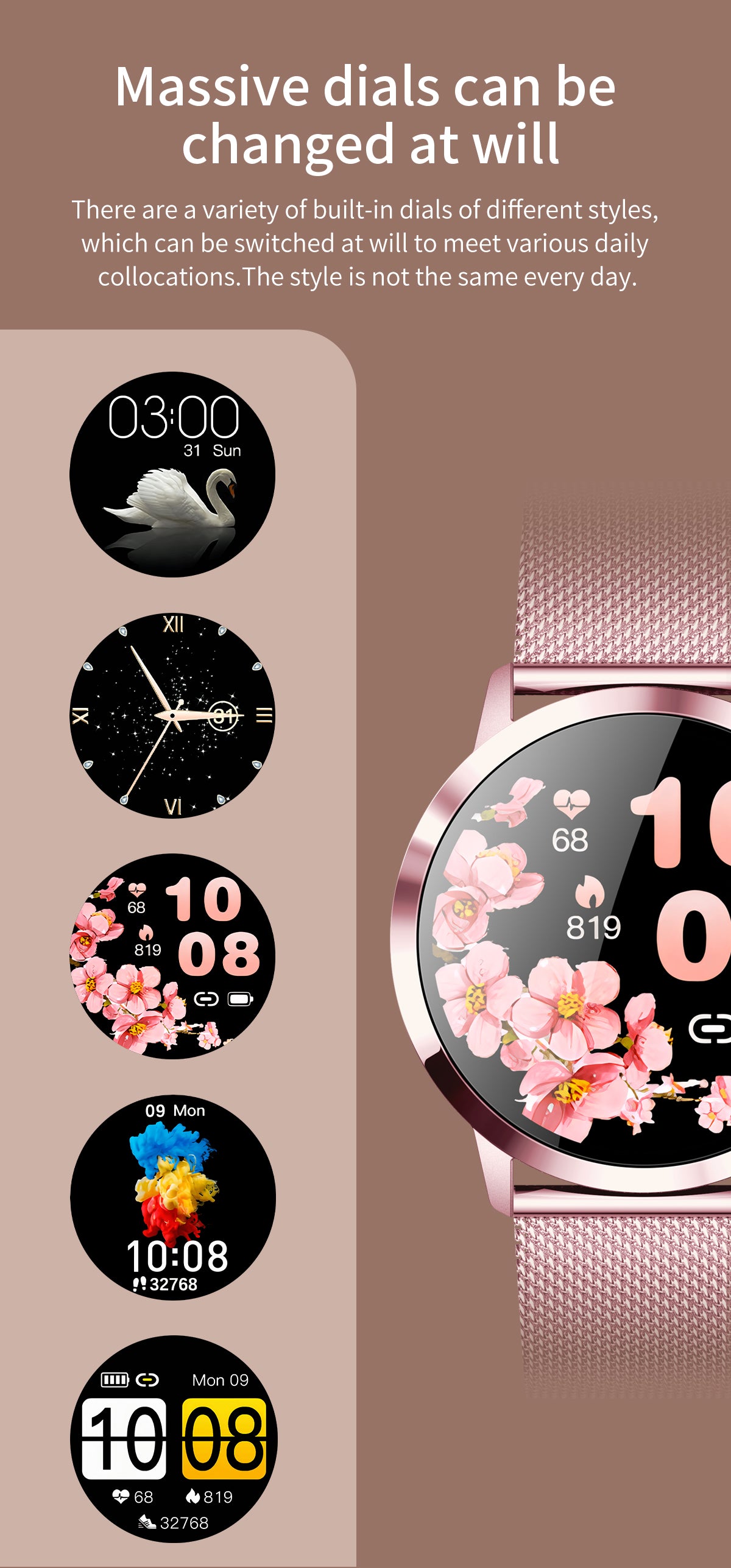 Smartwatch 1,19" HD AMOLED Touchscreen Full 29 Sport modes GPS Waterproof for Android iOS Pink