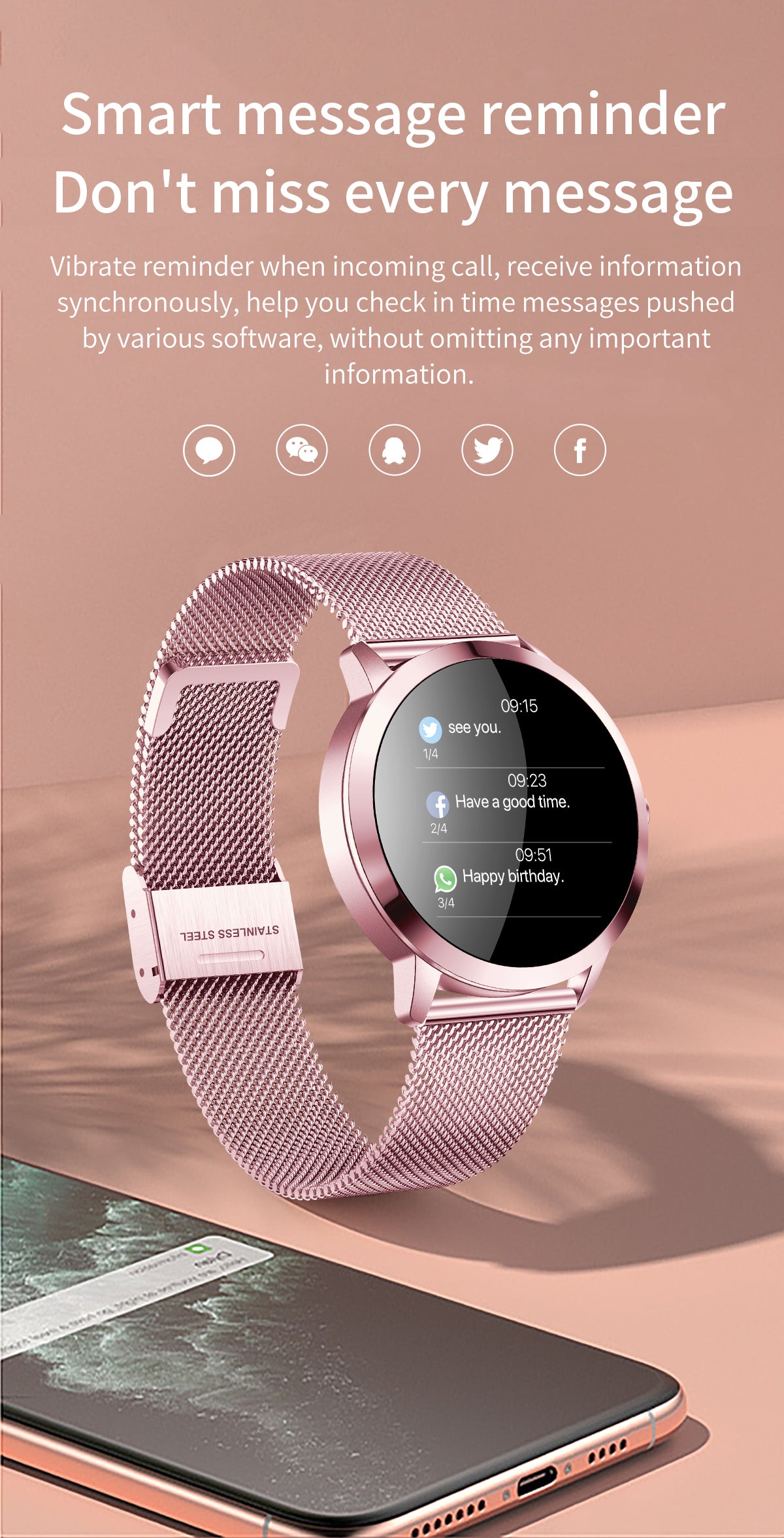 Smartwatch 1,19" HD AMOLED Touchscreen Full 29 Sport modes GPS Waterproof for Android iOS Pink