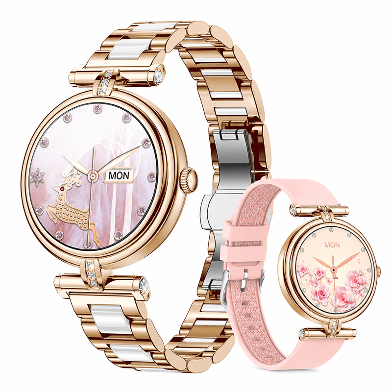Smartwatch feminino elegante de 1,09 polegadas com design de diamante – Chamadas Bluetooth, ritmo cardíaco, SpO₂, monitorização do sono e atividades físicas com características de bem-estar feminino.