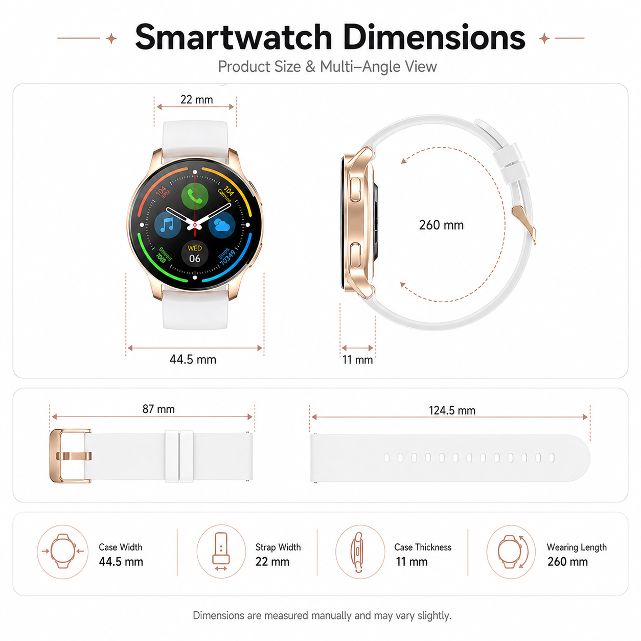 Chronus I50 smartwatch dimensions showing 44.5 mm case width 11 mm thickness 22 mm strap and 260 mm wearing length