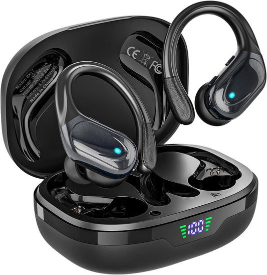 Wireless Earbuds Bluetooth Headphones 80hrs Playback Ear Buds Power Display with Noise Canceling Mic with Ear Hooks for Sports/Workout/Running