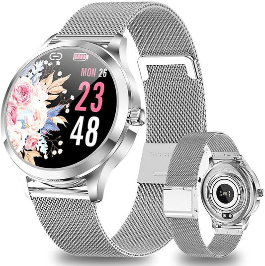 Smart Watch Ladies, IP68 Waterproof Fitness Tracker Smart Watch Ladies, with Female Cycle Management Heart Rate Monitor Blood Pressure Monitor Sleep Monitor Ladies WristWatch for Android iOS (Silver)