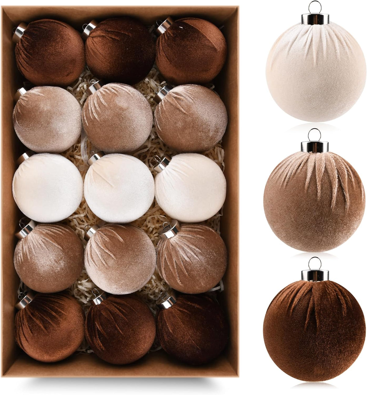 Brown Velvet Christmas Tree Ornaments - 15pcs Shatterproof Christmas Balls for Xmas Trees Decorations - Multicolor Brown Neutral Beige, 80mm 3.15inch - Chronus