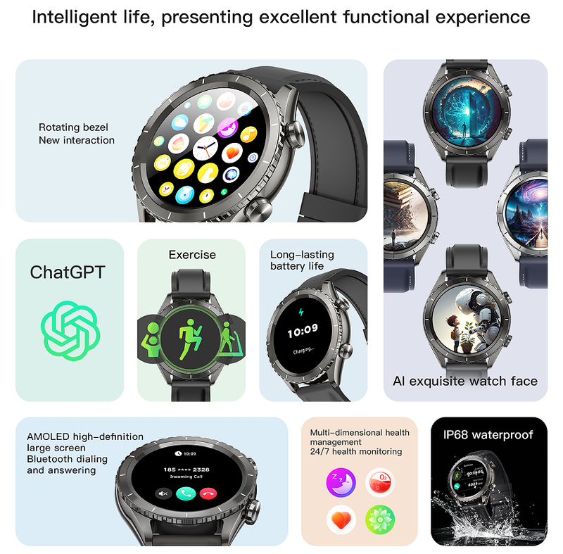 Smart Watch 1.43-inch AMOLED Large Screen, IP68 Waterproof, Women's Health Reminder, Chat-GPT