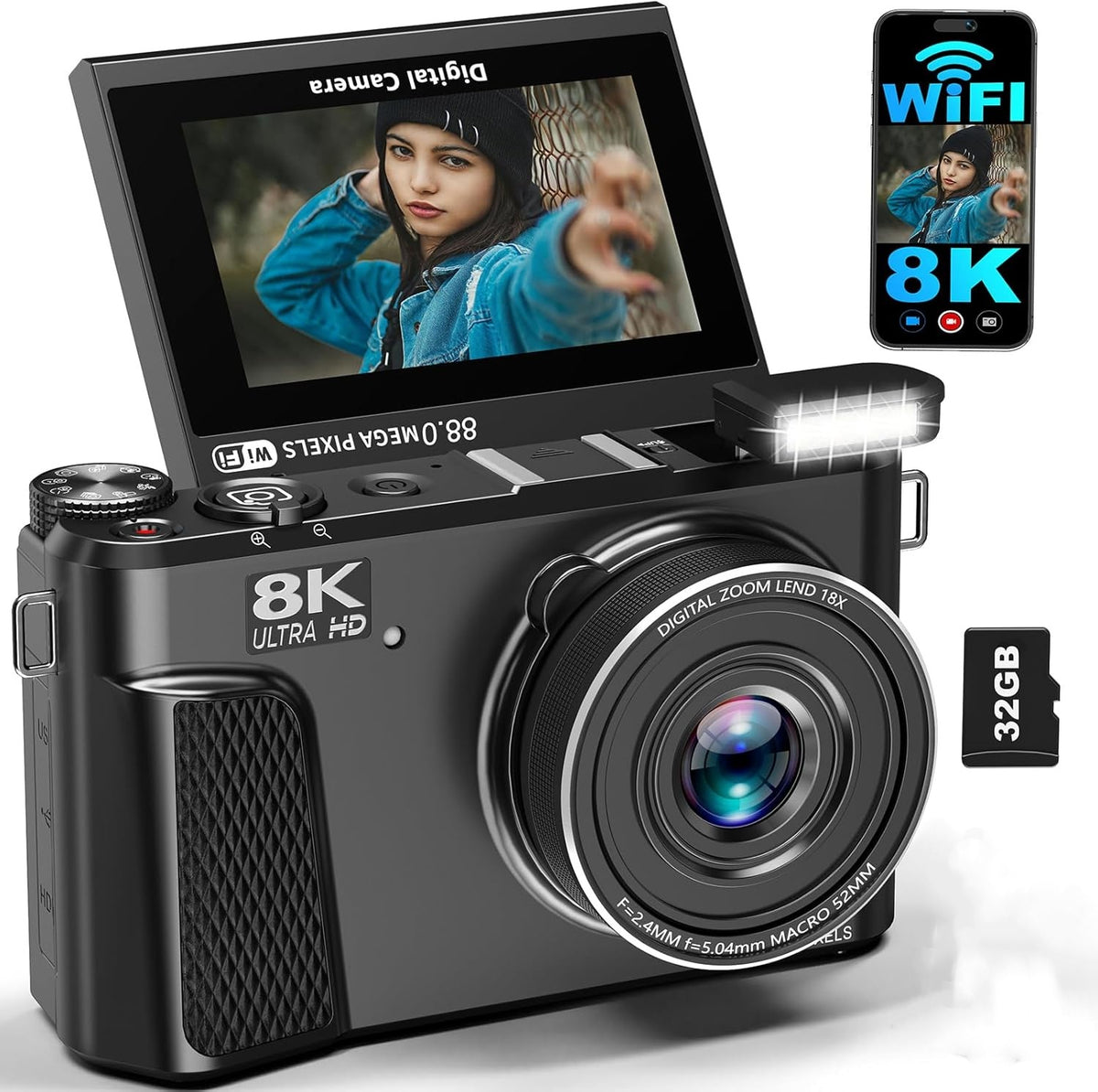 8K Digital Camera for Photography, 88MP WiFi Vlogging Camera for YouTube with 18X Digital Zoom (Black)