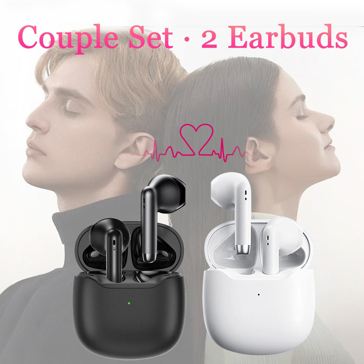 2 Pack Wireless Earbuds Bluetooth 5.3, Black & White HiFi Earphones, Noise Cancelling, 32Hrs Playtime, IP7 Waterproof, Gift for Couples - Chronus