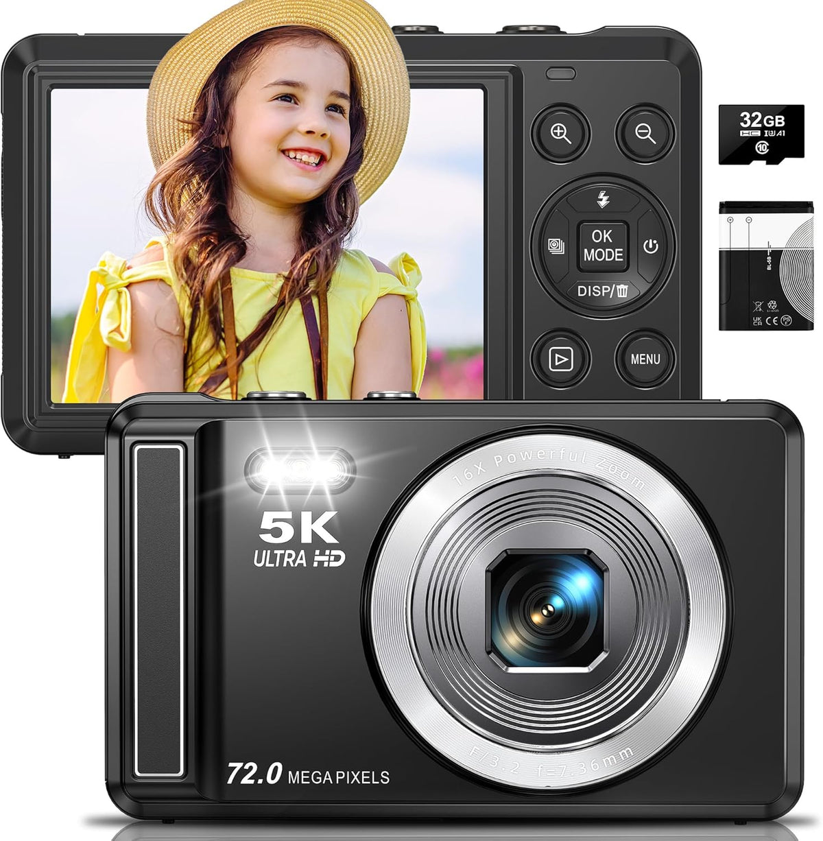 5K Digital Camera - 72MP UHD Digital Cameras for Photography - Autofocus Point and Shoot Small Camera(Black)