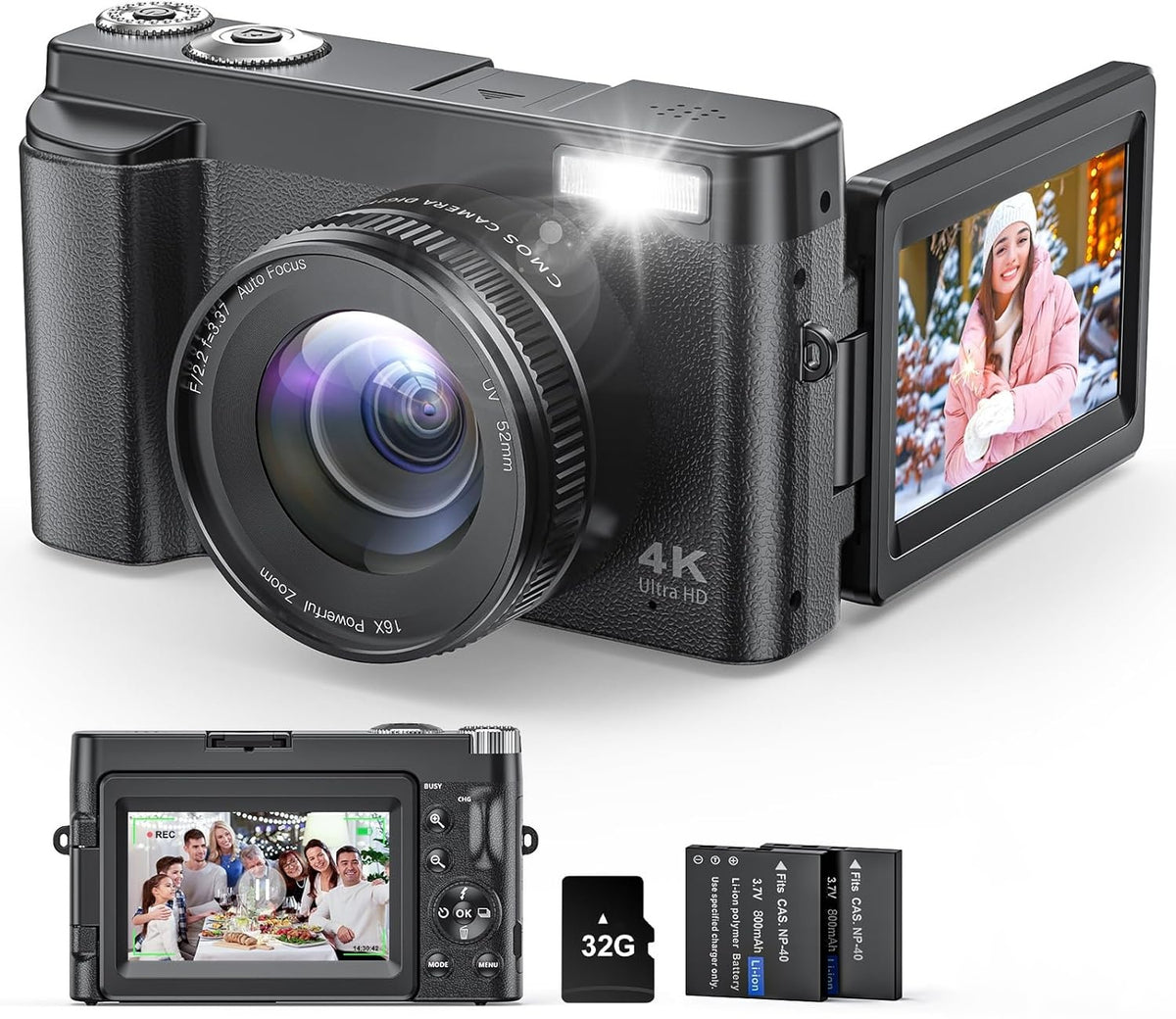 4K Digital Camera for Photography and Video, Autofocus Anti-Shake 48MP Vlogging Camera for YouTube(Black)