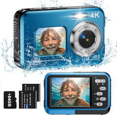 Underwater Camera, 4K Waterproof Camera, 48MP Autofocus Selfie Dual Screens, 11FT Waterproof Camera for Snorkeling, Compact Portable Digital Camera, 2 Batteries - Chronus