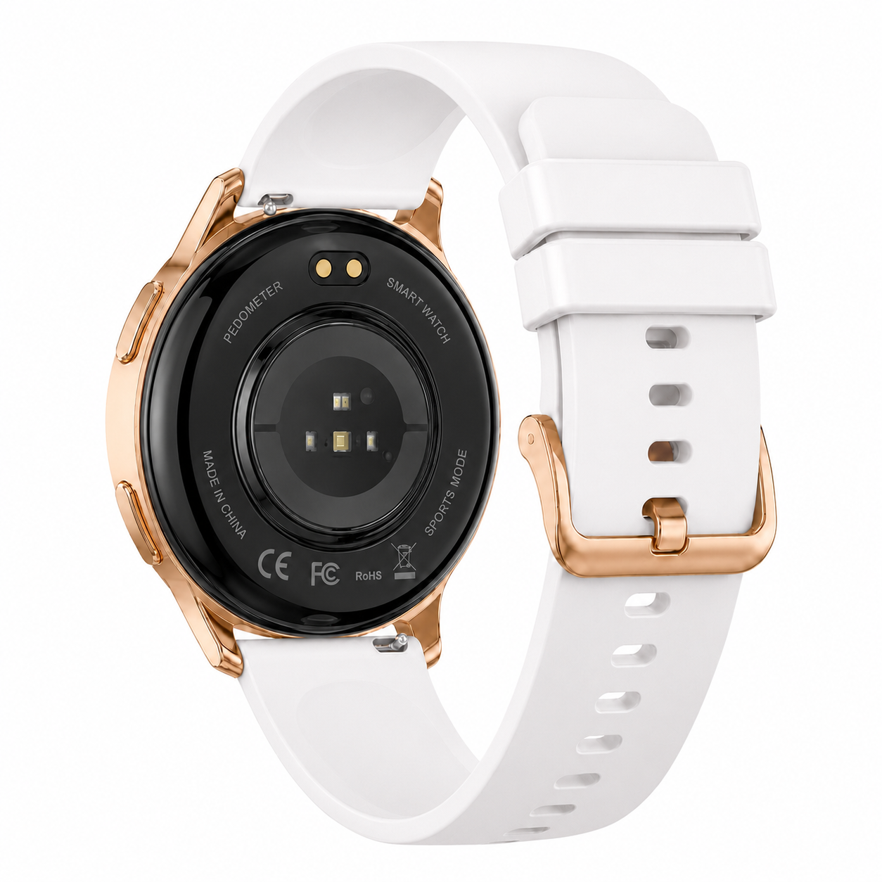 Rear view of Chronus I50 women's smartwatch with white silicone strap and built-in wellness tracking sensors