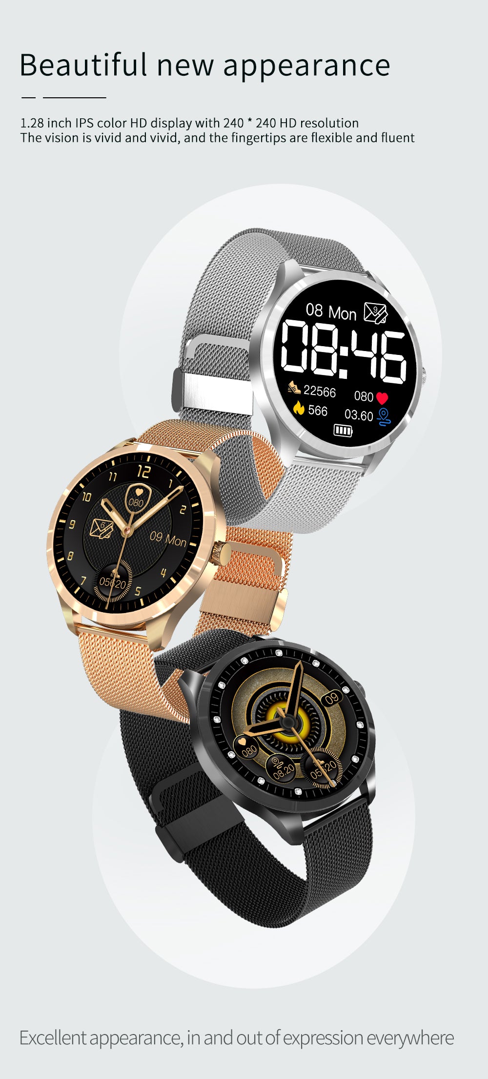 1.28" Smartwatch with HD IPS Display, 24/7 SpO₂ Monitoring, Multi-Sport Modes, Music Control & IP67 Waterproof