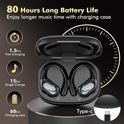 Wireless Earbuds Bluetooth Headphones 80hrs Playback Ear Buds Power Display with Noise Canceling Mic with Ear Hooks for Sports/Workout/Running