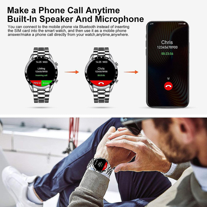Smart Watch Men, 1.3 "Inch Touchscreen Phone Watch Men Smart Watch with Heart Rate Sleep Monitor Activity Tracker IP67 Waterproof Stainless Steel Band StopWatch for IOS Android(silver)
