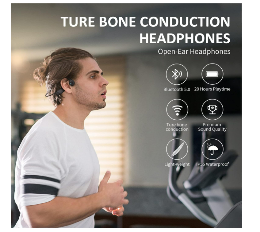 Bone Conduction Headphones, Open Ear Bluetooth, Waterproof, 20H Playtime (Black)