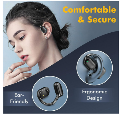 Waterproof Bone Conduction Wireless Earbuds, Running Headphones with Earhooks Black