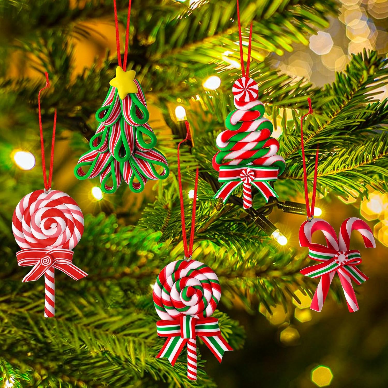 16Pcs Christmas Lollipop Ornaments, Colorful Mini Candy Cane Hanging Ornaments Polymer Clay Peppermint Pendants for Xmas Tree Party Home Decorations(Various colors) - Chronus