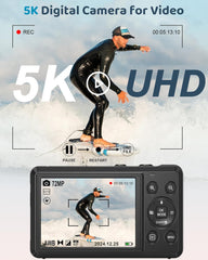 5K Digital Camera - 72MP UHD Digital Cameras for Photography - Autofocus Point and Shoot Small Camera(Black)