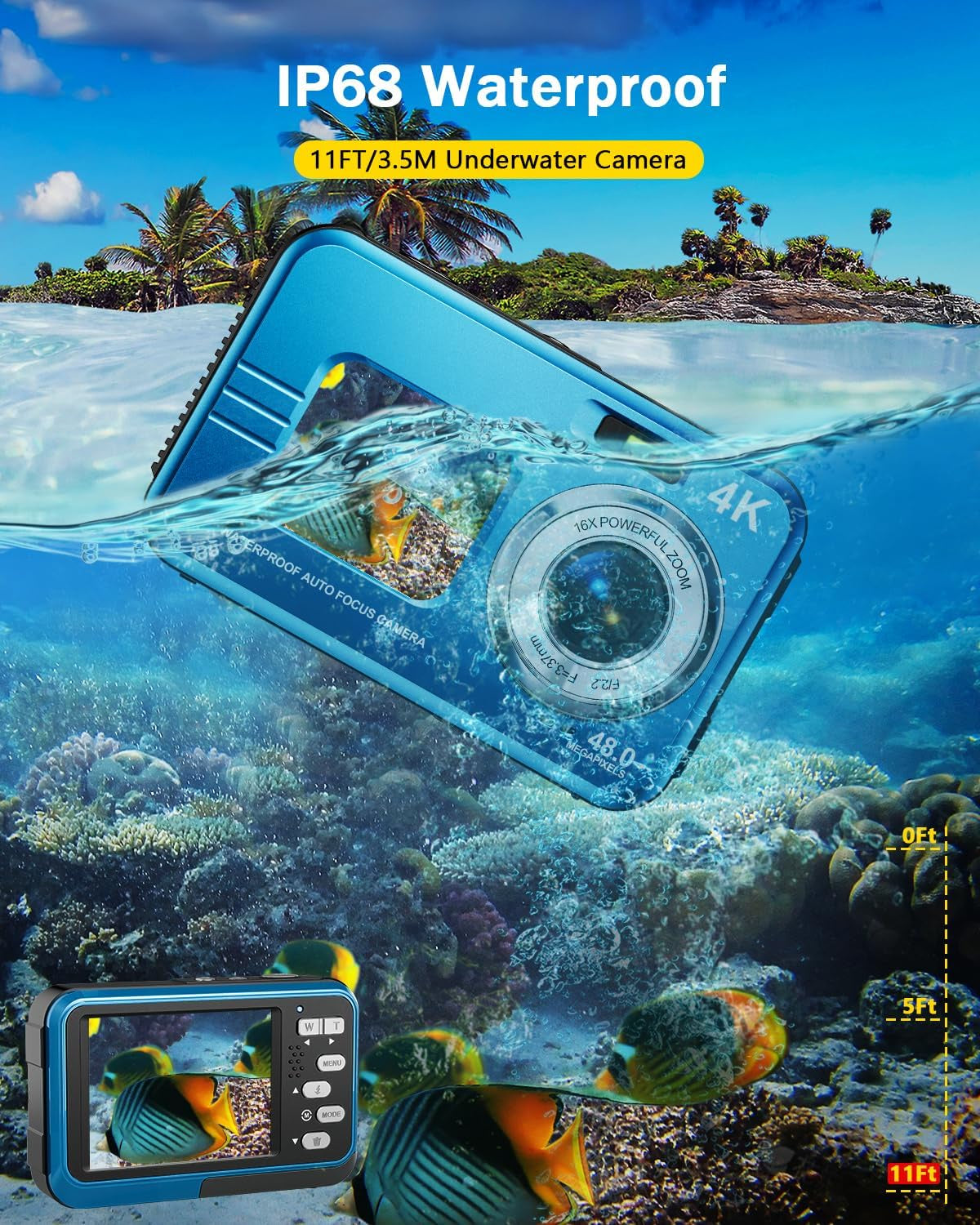 Underwater Camera, 4K Waterproof Camera, 48MP Autofocus Selfie Dual Screens, 11FT Waterproof Camera for Snorkeling, Compact Portable Digital Camera, 2 Batteries - Chronus