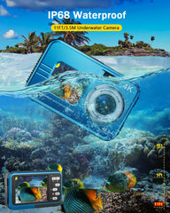 Underwater Camera, 4K Waterproof Camera, 48MP Autofocus Selfie Dual Screens, 11FT Waterproof Camera for Snorkeling, Compact Portable Digital Camera, 2 Batteries - Chronus