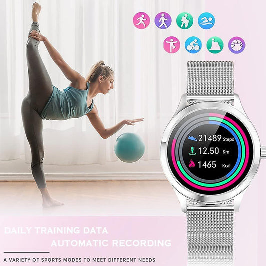 Smart Watch Ladies, IP68 Waterproof Fitness Tracker Smart Watch Ladies, with Female Cycle Management Heart Rate Monitor Blood Pressure Monitor Sleep Monitor Ladies WristWatch for Android iOS (Silver)