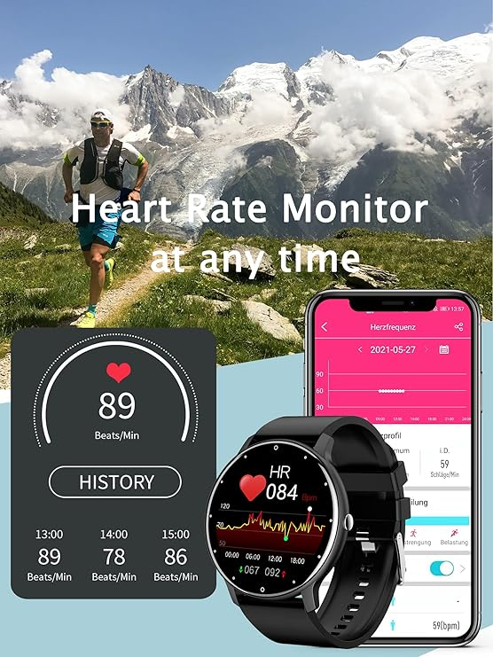 Chronus Smart Watch for Women Men, Fitness Tracker, Waterproof (Black)