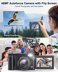 4K Digital Camera for Photography and Video, Autofocus Anti-Shake 48MP Vlogging Camera for YouTube(Black)