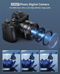 8K Digital Cameras for Photography - Autofocus 88MP WiFi Profession Camera with Dual-Lens - 16X (Black)