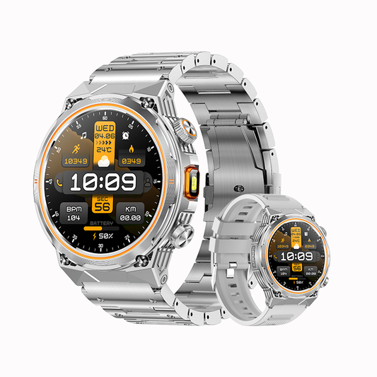 Silver smartwatch with a digital display on a white background