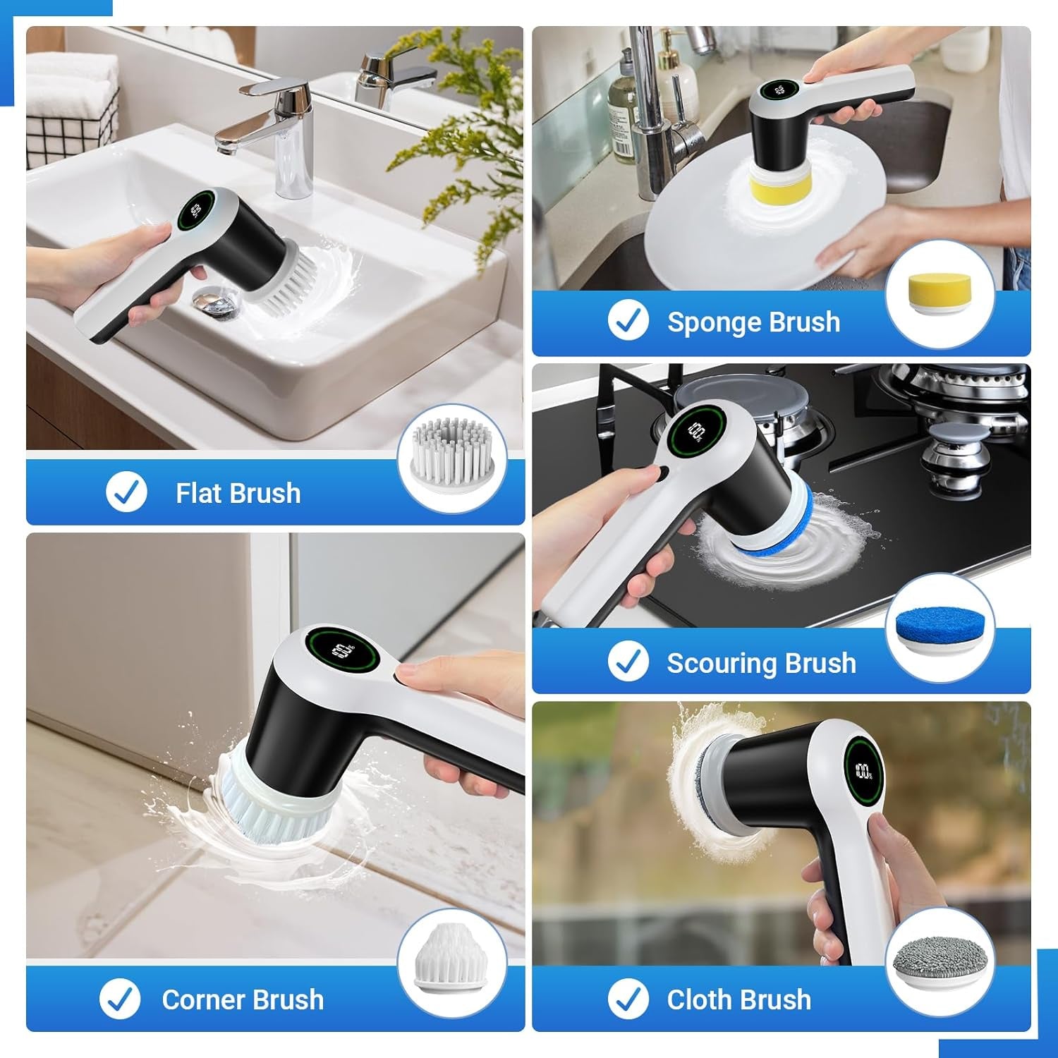 Electric Spin Scrubber, Battery Level Display 2 Speeds Electric Scrubber for Cleaning with 6 Replaceable Heads - Chronus