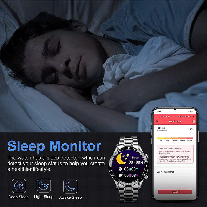 Smart Watch Men, 1.3 "Inch Touchscreen Phone Watch Men Smart Watch with Heart Rate Sleep Monitor Activity Tracker IP67 Waterproof Stainless Steel Band StopWatch for IOS Android(silver)